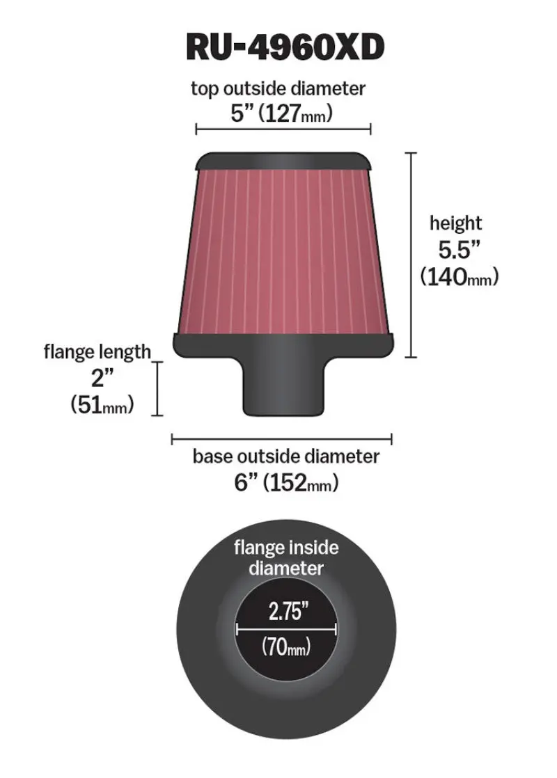 K&N Filter Universal Clamp-On Filter-Round Tapered 2.75In Flange Id X 6In Base Od X 5In Top Od 1
