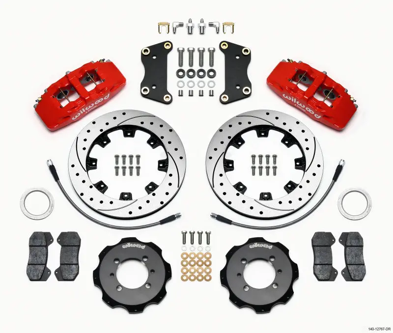 Wilwood Dynapro 6-Piston Front Brake Kit – 12.19" Drilled Rotors, Red Calipers, Includes Lines (2012 Fiat 500) 1