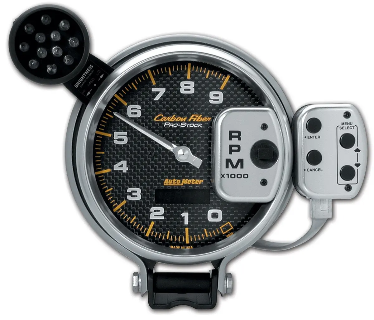 5 In. Tachometer 0-9000 Rpm Pro-Stock Pedestal W/ Super Lite & Peak Mem Carbon Fiber 1