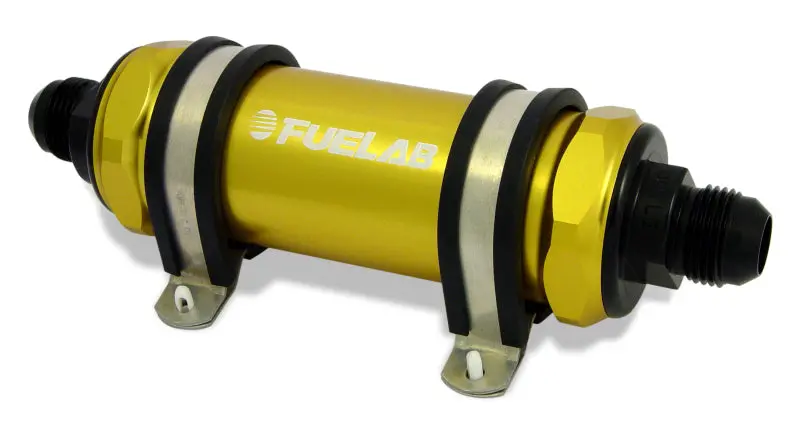 Fuelab 828 Inline Fuel Filter – 6-Micron Fiberglass, -10An Inlet/Outlet, Gold Finish 1