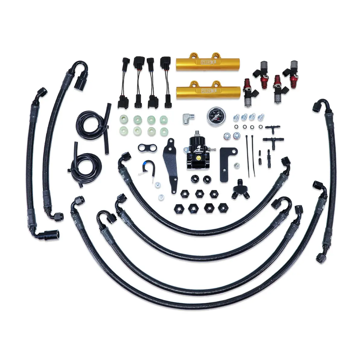 Iag Ptfe Flex Fuel System Kit W/ Id Injectors Aeromotive Fpr Iag Fuel Rails For 08-14 Wrx 08-21 Sti (Gold/2600Cc) 1