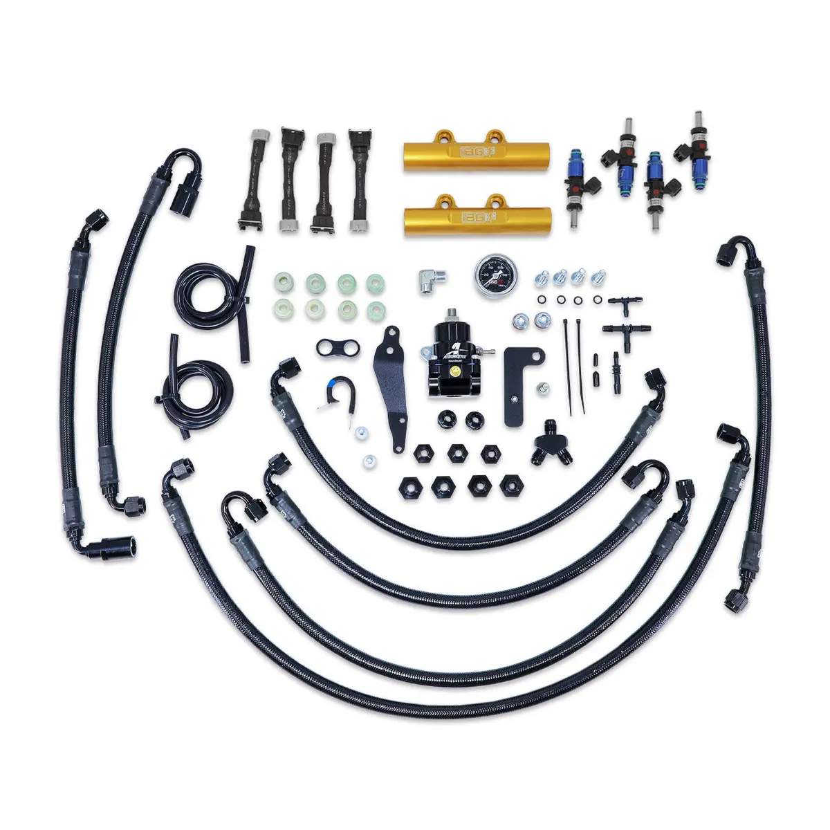 Iag Ptfe Flex Fuel System Kit W/ Fic Injectors Aeromotive Fpr Iag Fuel Rails For 08-14 Wrx 08-21 Sti (Gold/1200Cc) 1