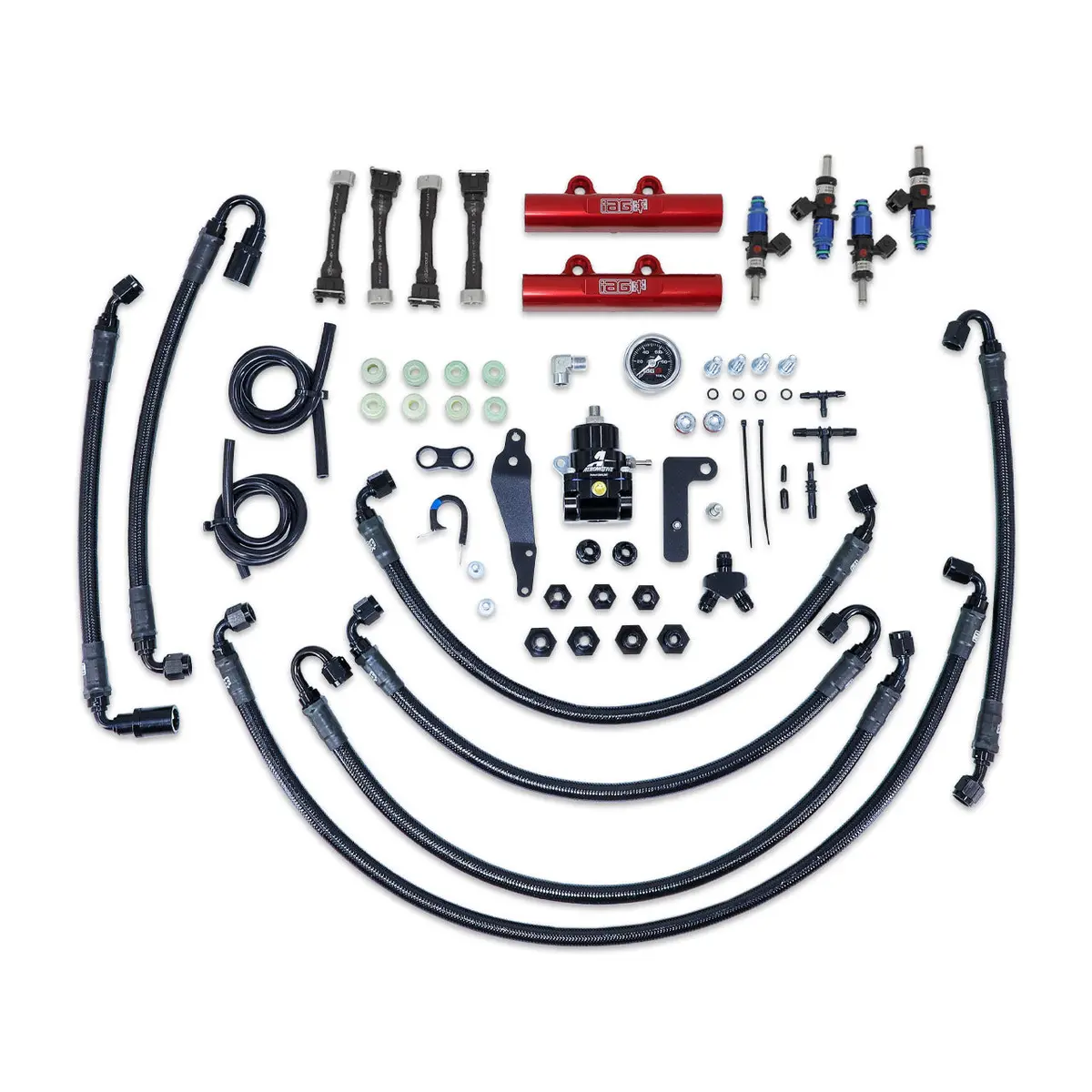 Iag Ptfe Flex Fuel System Kit W/ Fic Injectors Aeromotive Fpr Iag Fuel Rails For 08-14 Wrx 08-21 Sti (Red/1200Cc) 1