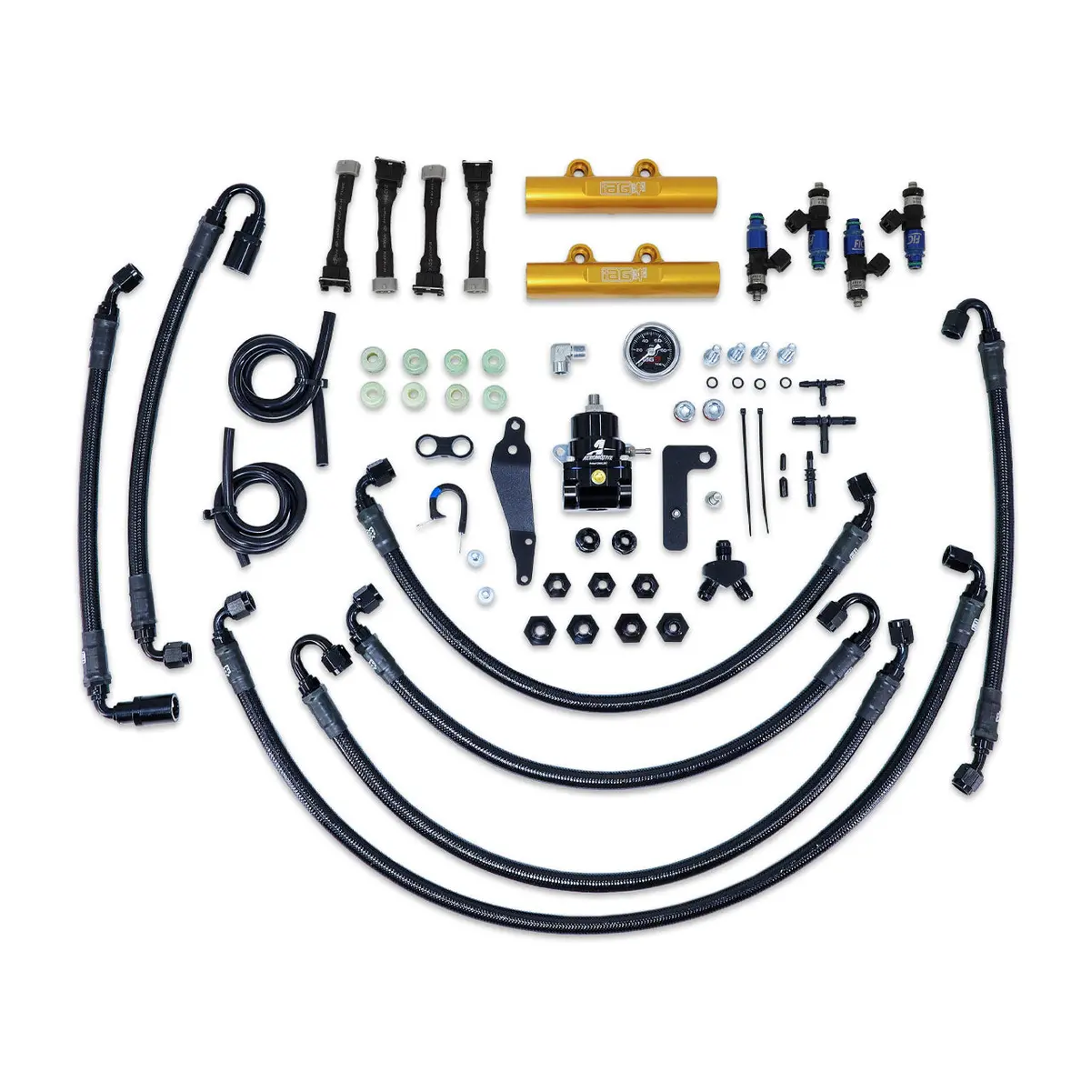 Iag Ptfe Flex Fuel System Kit W/ Fic Injectors Aeromotive Fpr Iag Fuel Rails For 08-14 Wrx 08-21 Sti (Gold/1650Cc) 1