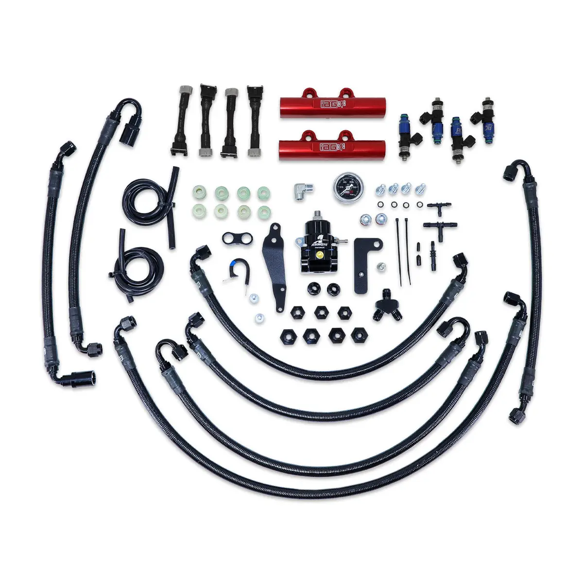 Iag Ptfe Flex Fuel System Kit W/ Fic Injectors Aeromotive Fpr Iag Fuel Rails For 08-14 Wrx 08-21 Sti (Red/1650Cc) 1