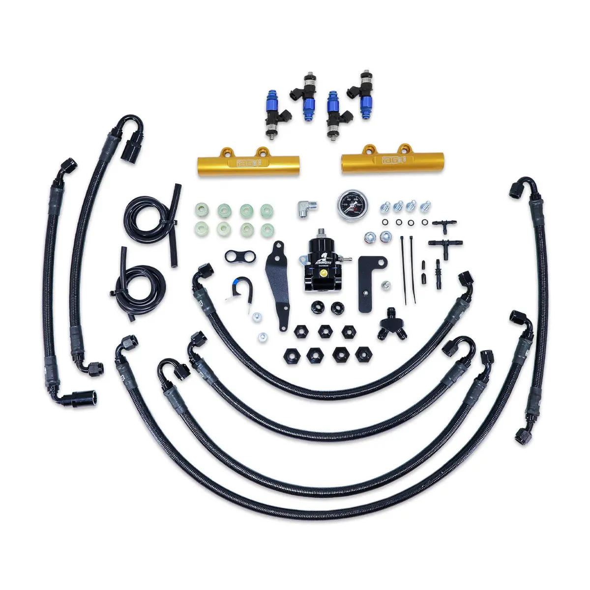 Iag Ptfe Flex Fuel System Kit W/ Fic Injectors Aeromotive Fpr Iag Fuel Rails For 08-14 Wrx 08-21 Sti (Gold/2150Cc) 1