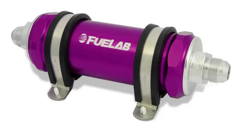 Fuelab 828 Inline Fuel Filter – -8An Inlet / -12An Outlet, 40-Micron Stainless Steel Element, Purple Housing 1
