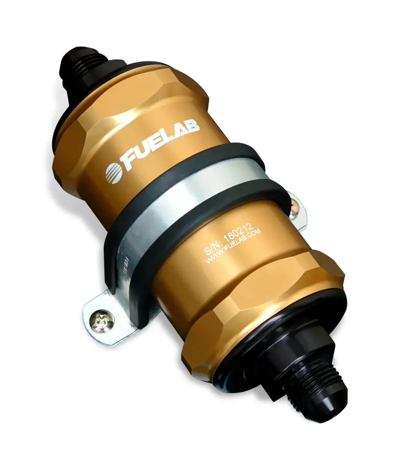 Fuelab 818 Inline Fuel Filter – -10An Inlet / -8An Outlet, 100-Micron Stainless Steel Element, Gold Anodized Housing 1