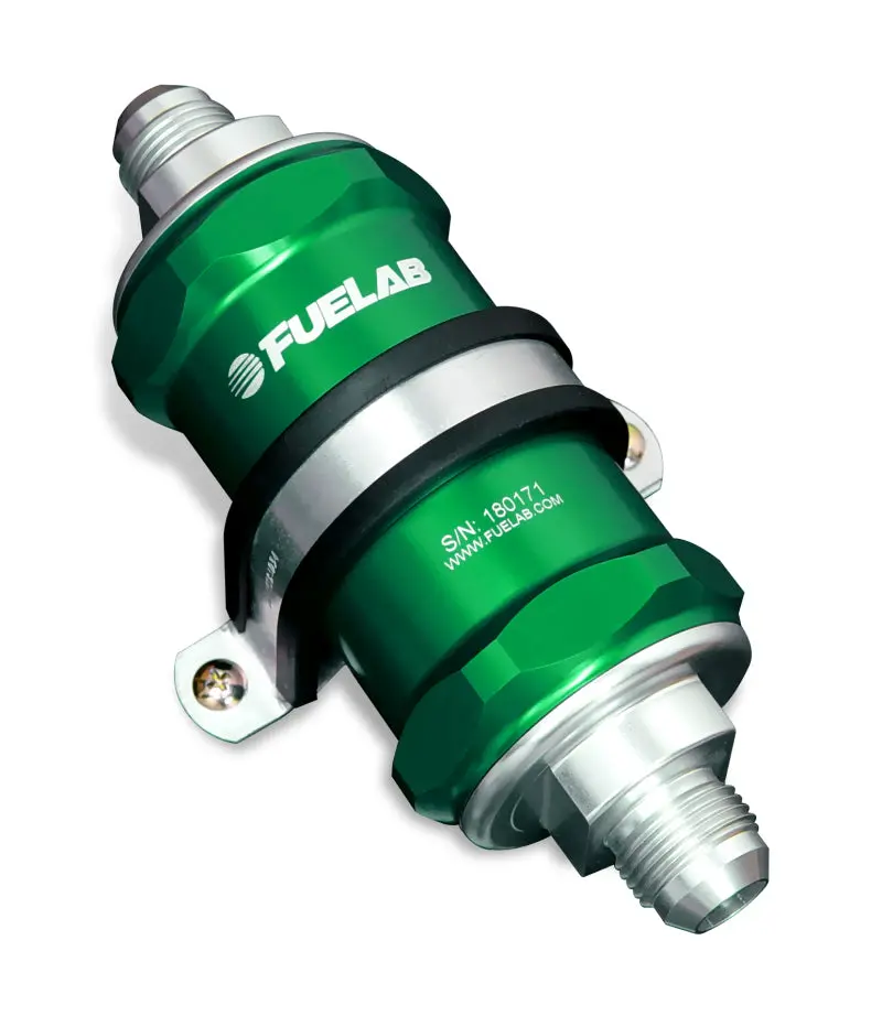 Fuelab 848 Inline Fuel Filter – Green Housing, -10An Inlet / -6An Outlet, 6-Micron Fiberglass Media With Integrated Check Valve 1