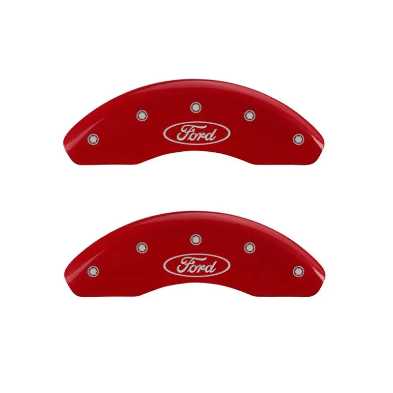 Mgp Engraved Oval Logo Caliper Covers – Front & Rear Set, Ford-Branded Red Finish With Silver Chrome 1